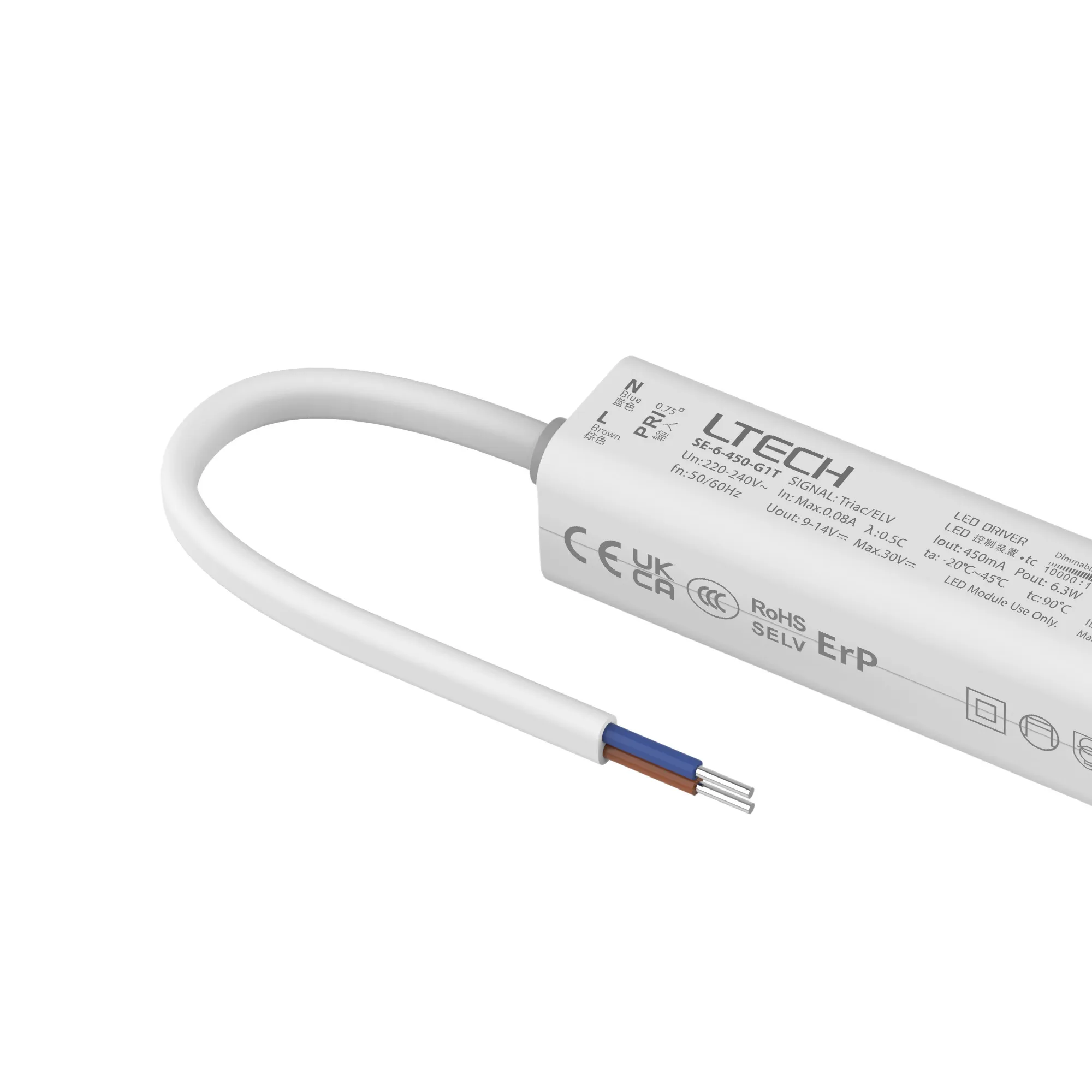Triac/ELV, PWM,6W, C. Current Dimmable Driver, 450mA, DC:9-42Vdc, EFF>70%, IP20. SE-6-450-G1T  LTECH Triac Constant Current